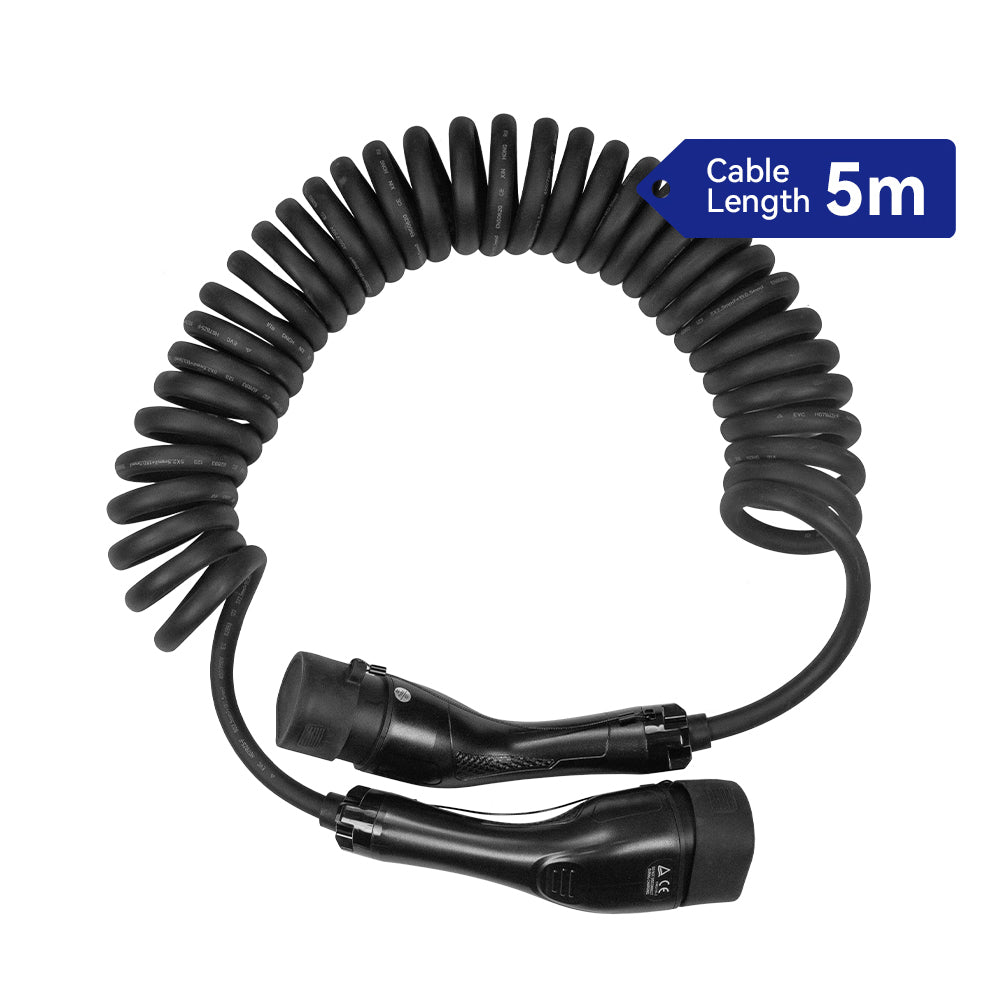 Type 2 spiral ladekabel 11kW: 5 meter (sort / black gun) inkl. taske, Boult