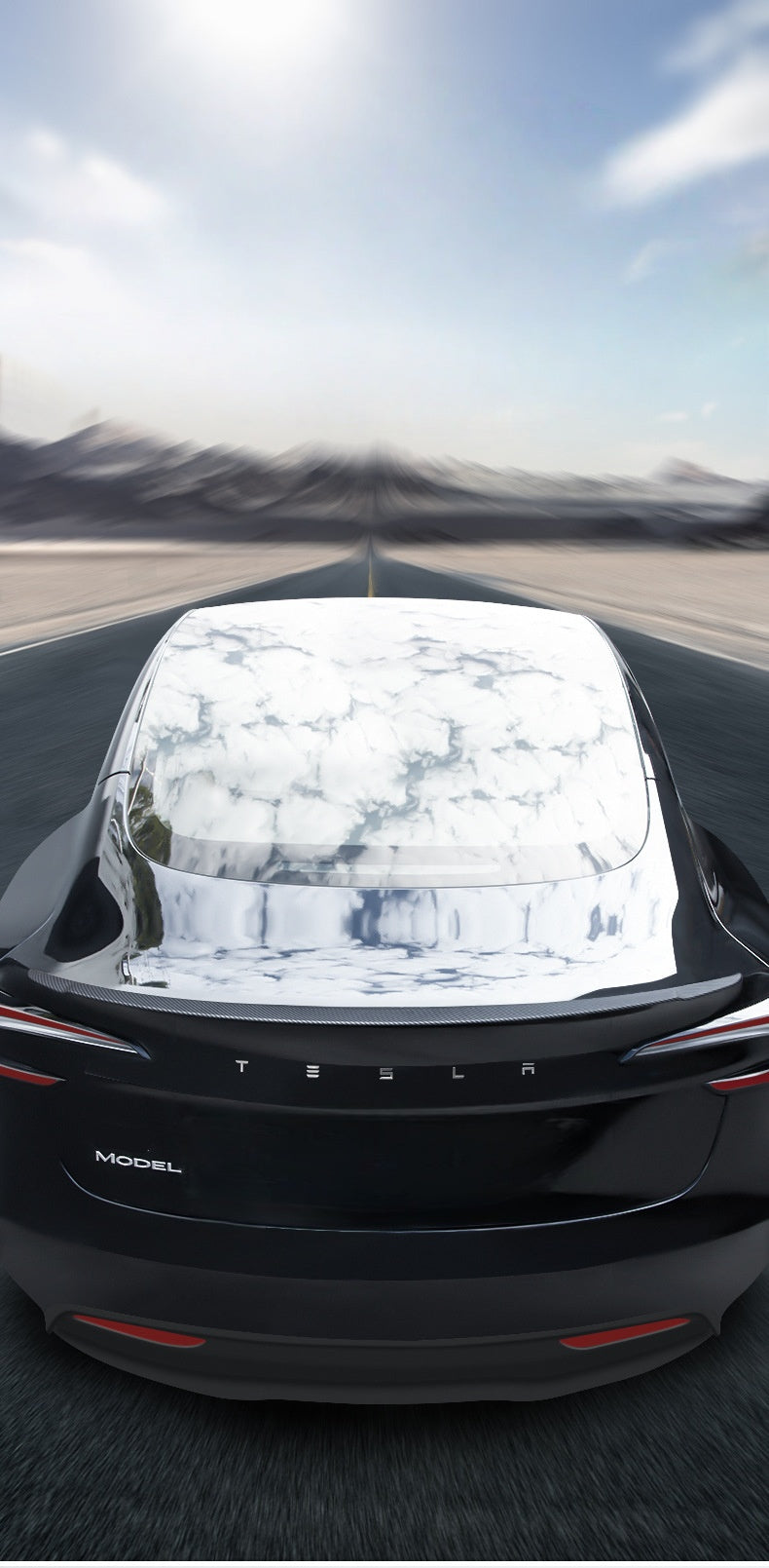 Spoiler monteret på en sort Tesla set ovenfra