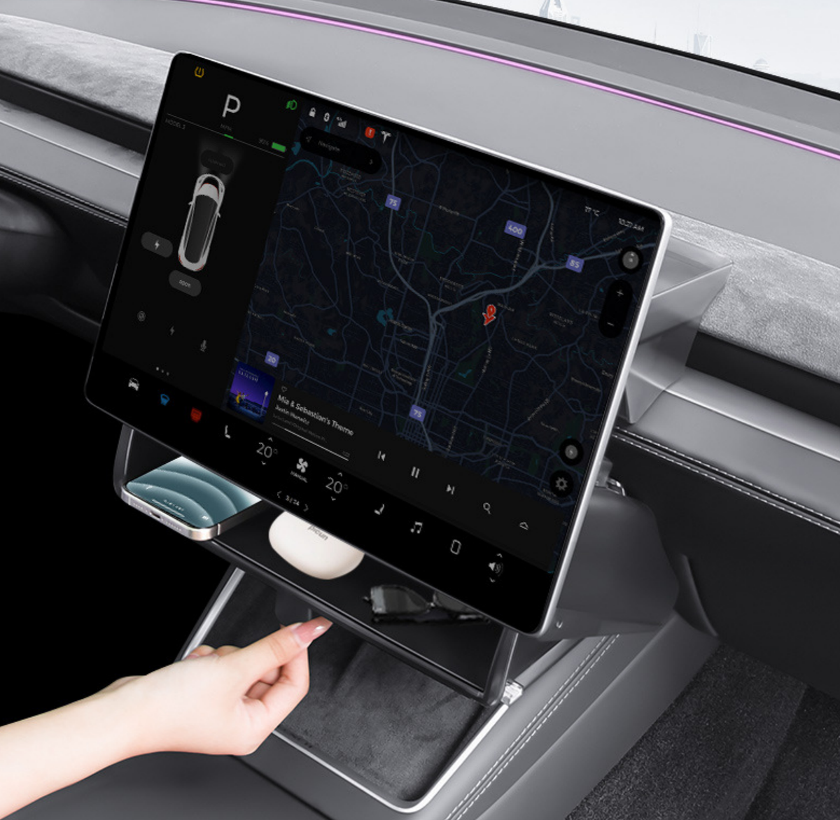 Opbevaringsbakke under skærmen: Tesla Model 3 Highland & Model Y Juniper